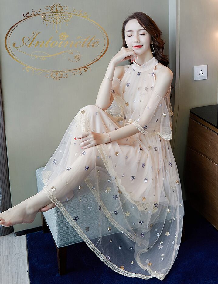 レディース 秋 夏 スター スパンコール 星 星柄 マキシ ワンピ クリーム ロングワンピース チュニックワンピース ノースリーブ 可愛い ゆめかわ Antoinette
