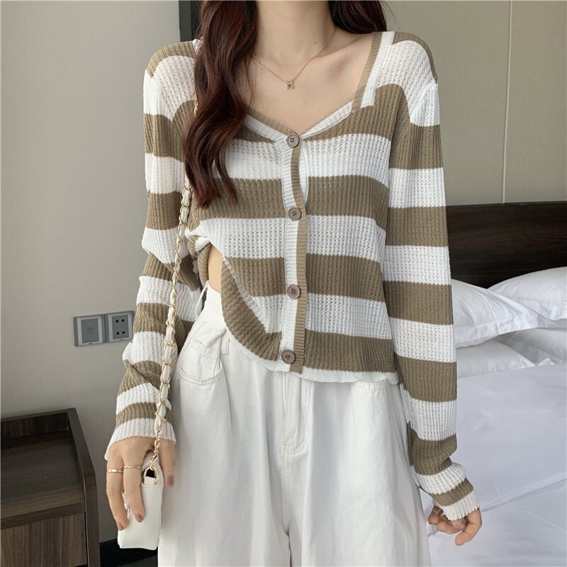 オータム薄手ニットカーディガンスプリングシャツ コート スタンダードストライプトップス ロング レトロ 春物 秋物 萌量不足33639251731
