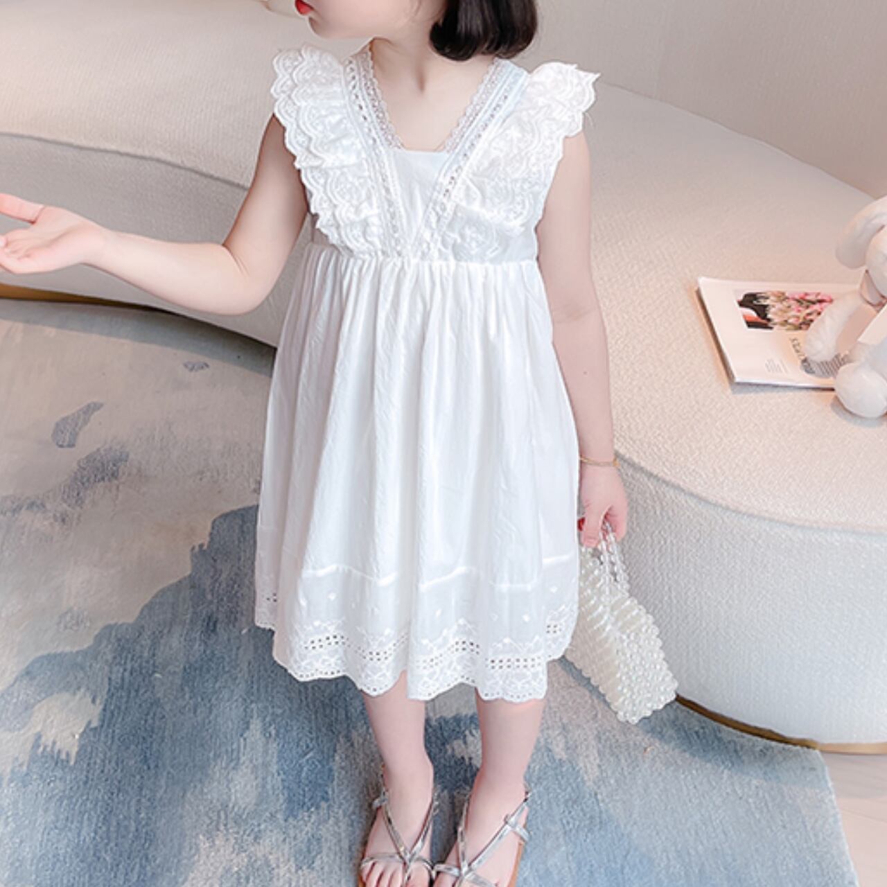 Vネックフリルノースリーブワンピース:80-120size.