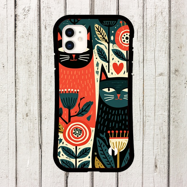 受注生産 iPhoneケース 黒猫と花のナイトフォーク柄｜猫モチーフ FMSY021B