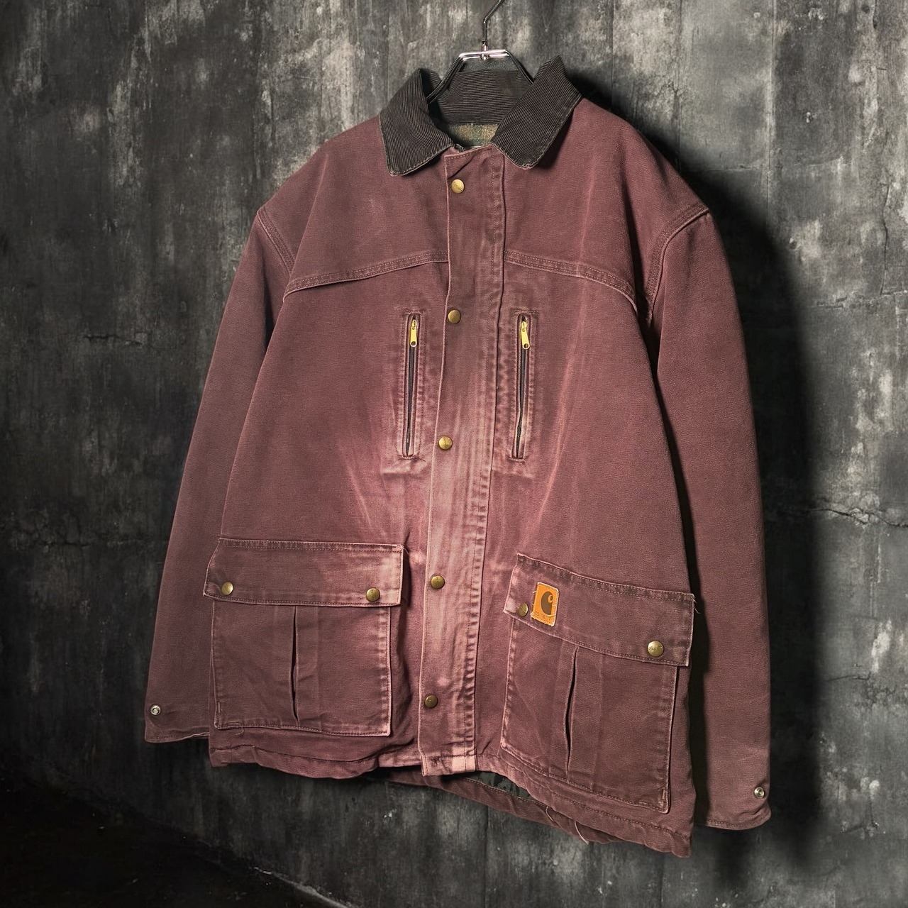 90s USA製　Carhartt ダックジャケット　ワークジャケット　バーガンディ　ブランケットライナー　フェード
