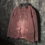 90s USA製　Carhartt ダックジャケット　ワークジャケット　バーガンディ　ブランケットライナー　フェード