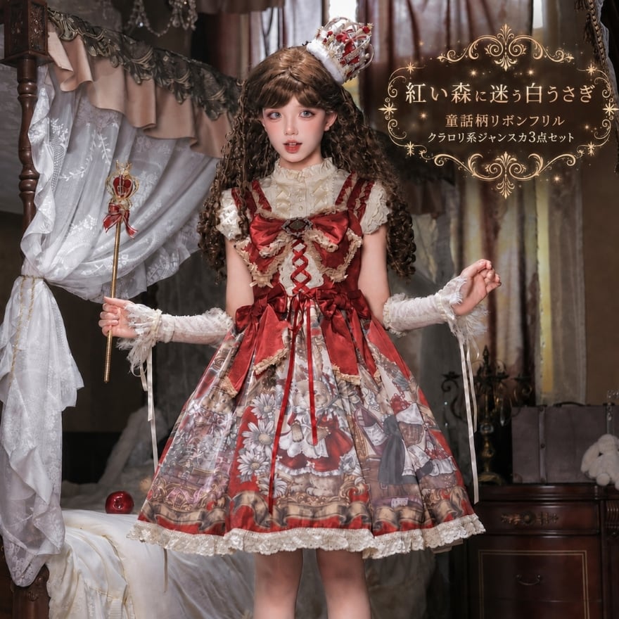 紅い森に迷う白うさぎ 童話柄リボンフリルクラロリ系ジャンスカ3点セット