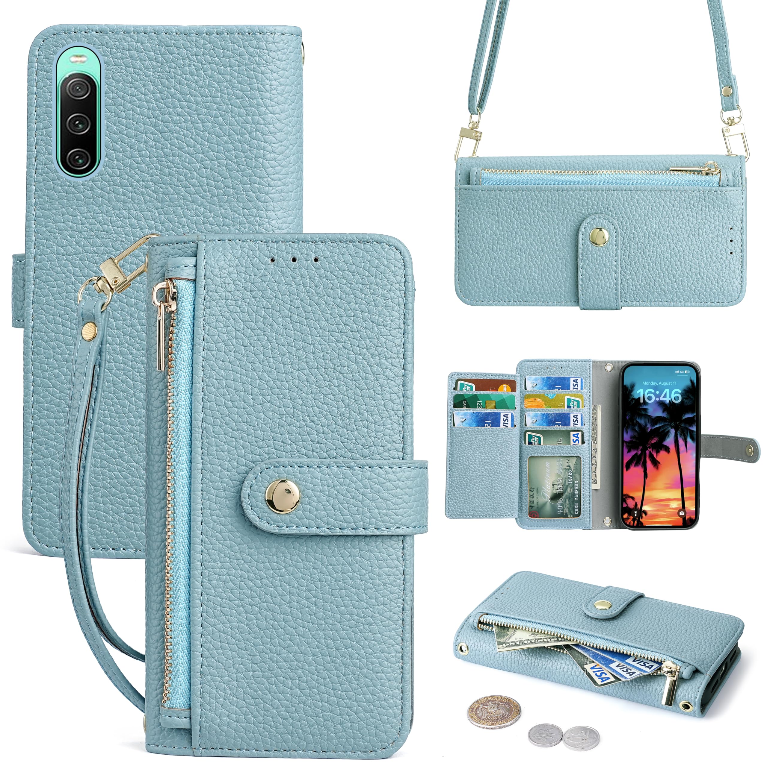 Vokpok対応 Sony Xperia 10 III SO-52C/SOG07 ケース 手帳型 ショルダー 強力マルチカード収納 スタンド機能 耐衝撃全面保護 エクスペリア 10 III 財布型ケース 肩掛け 斜めがけ 手首かけ、掛けストラップ付き おしゃれ 実用性 ジッパー小銭入れ SO-52C スマホケース PUレザー ある滑らかな手触り 贈り物 SOG07 ケース,ライトブルー