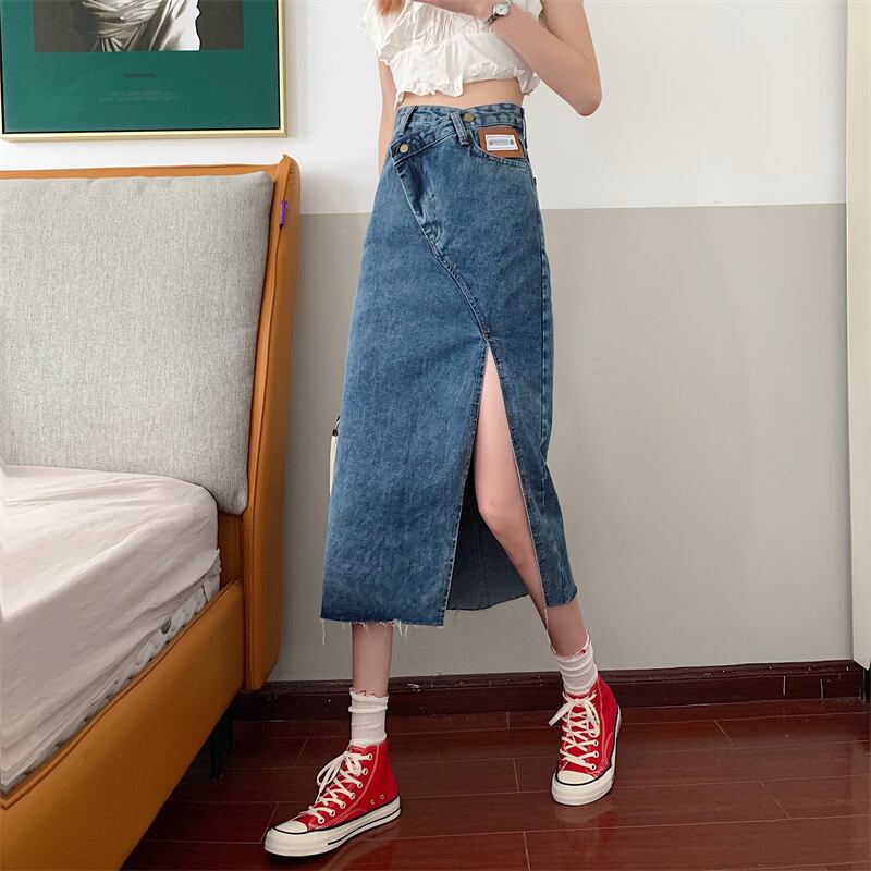 スリットスカート サマースタンダードバックルハイウェストウェストAライン レトロ 夏物 クレセントシティ54943156781