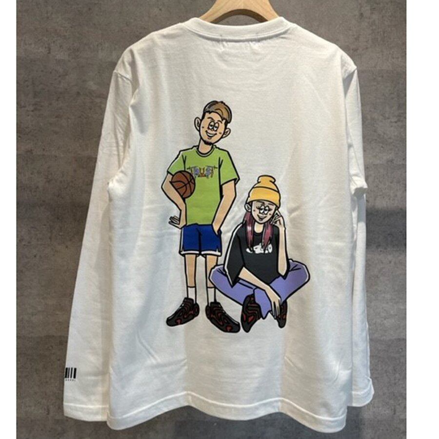 【ホワイト】【アオキックスTRUSTコラボ】長袖 ロンT トップス カットソー Tシャツ プリント イラスト コラボ ユニセックス ストリート