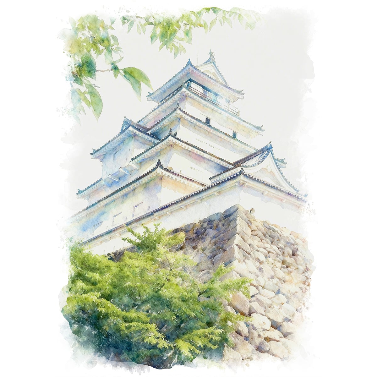 絵画 風景画 日本の城 福島県会津若松城(鶴ヶ城) インテリアアート額付き 水彩画・油絵風 WAT0963