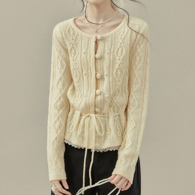パール装飾ケーブルニットカーディガン 232056