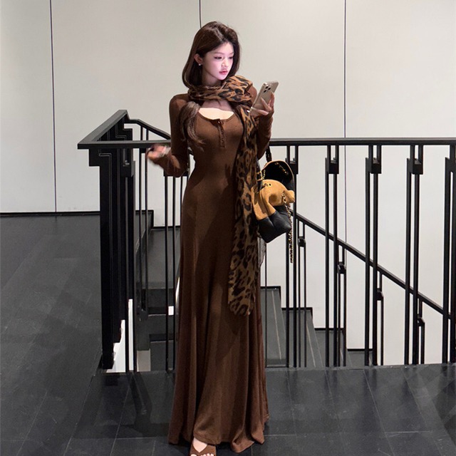 2colors ワンピース シンプル 無地 シルエット コーヒー色 ブラック