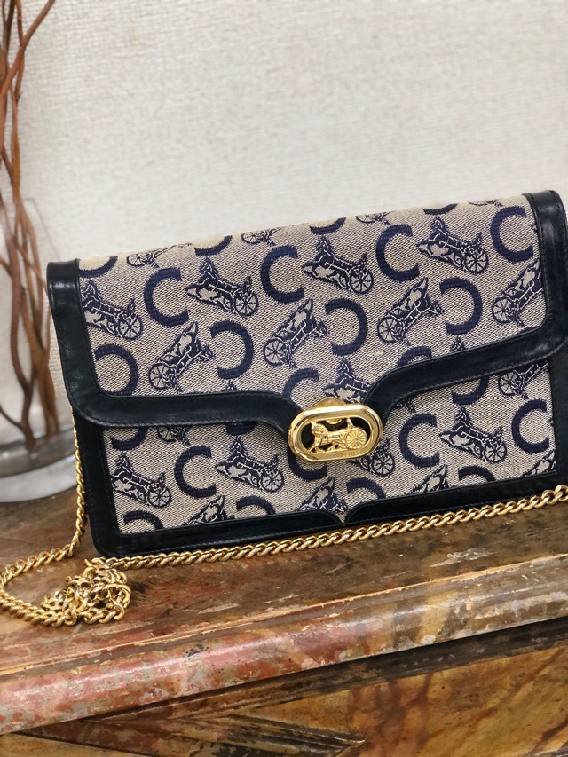 CELINE　セリーヌ　Cマカダム　馬車　ホースキャリッジ　ジャガード×レザー　チェーン　ショルダーバッグ　ネイビー　vintage　ヴィンテージ　オールドセリーヌ　zhrv7p