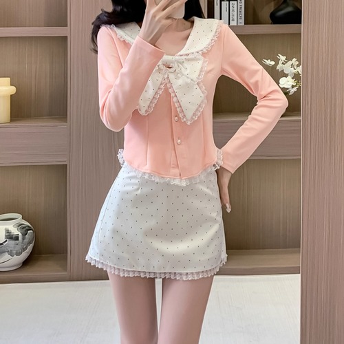 【2点セット】ドットリボンセーラーカラートップス＋レースヘムドットミニスカート ・70717