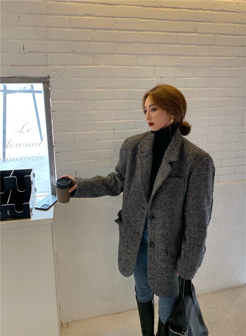 ジャケット レディーススタンダードルーズ格子柄コート ウィンター レトロ 冬物 ブラックストロベリース24980486604