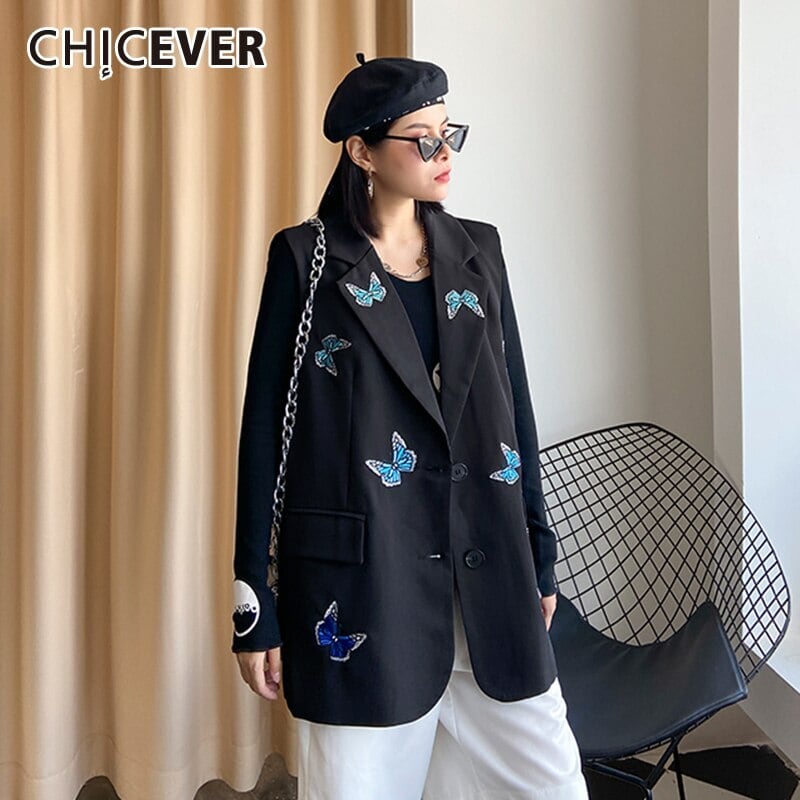 CHICEVER刺繡ブレザーレディースVネックノースリーブパッチワークチェーンヒットカラーポケットコート2020オータムスタイルタイド 刺繍 秋物 6base539837440652