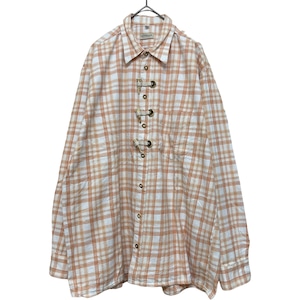 『美品 VINTAGE LANDHAUS toggle button fake wood button Cotton big silhouette over size checked Tyrol Tyrolean shirt』USED 古着 ヴィンテージ トグル ボタン 水牛調 フェイク ウッド ボタン コットン ビッグ シルエット オーバー サイズ チェック チロル チロリアン シャツ