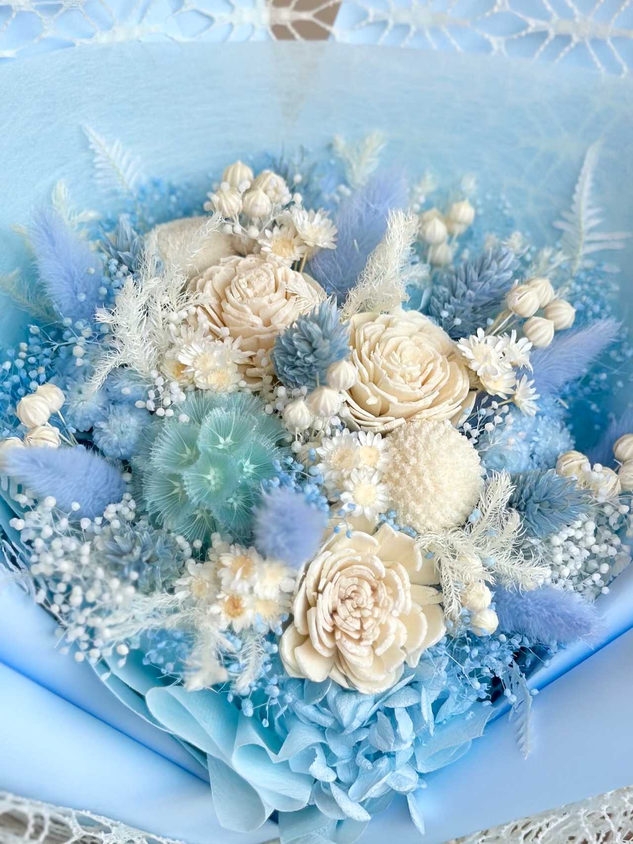 《母の日》7.置けるドライフラワー花束(花てまり/水色・白色) □Мサイズ 画像3