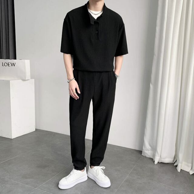 【予約販売】メンズ セットアップ 上下 パンツ 半袖 無地 ノーカラー ブラック ホワイト ストリート カジュアル 春夏 韓国 トレンド こなれ感 S/M/L/XL/