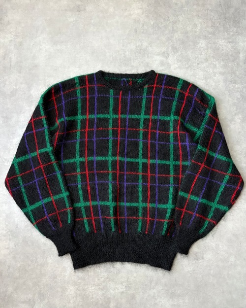 80s Unknown Crew-Neck Plaid Mohair Knit