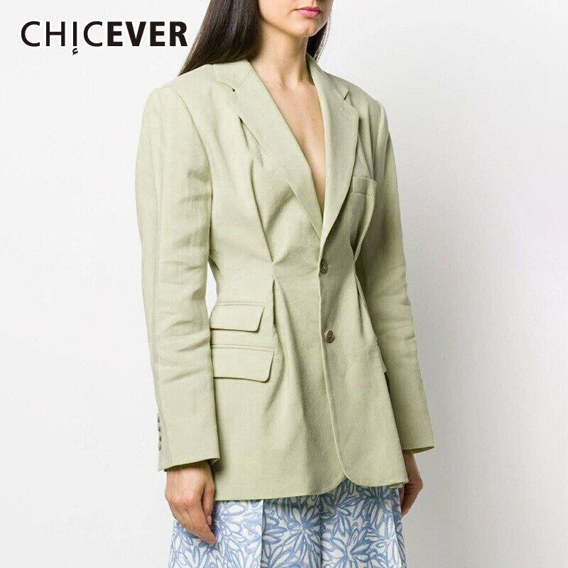 CHICEVERグリーンブレザー女性ノッチカラー長袖ウエストチュニックシャーリングルーズコート2021秋の潮 ロング オータム 秋物 6base549927965539