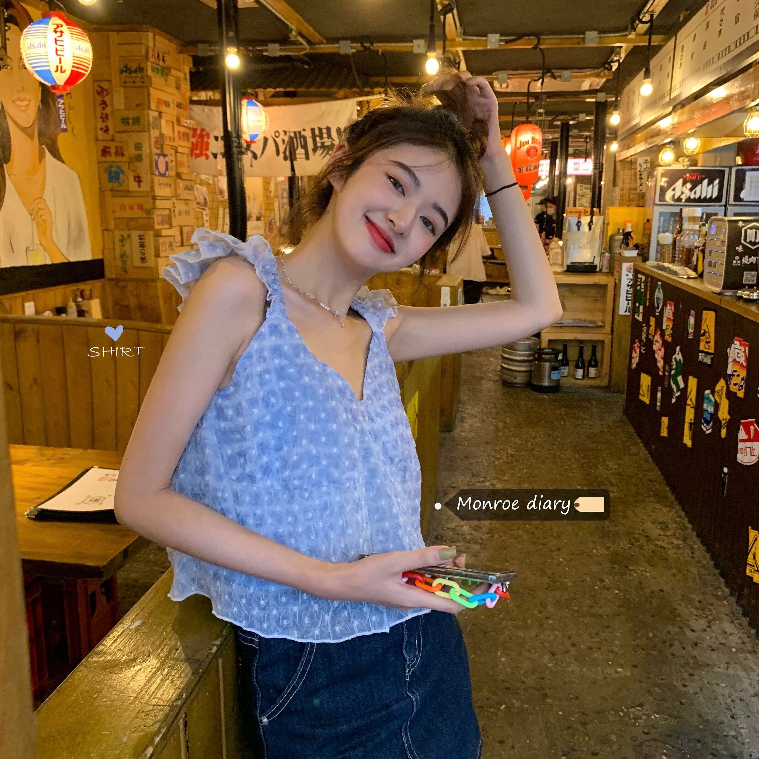 スリーブブルーシャツ サマーショートノースリーブトップス 半袖 ハーフスリーブ 大人ガーリー スウィート キュート カジュアル 夏物 モンロー93451754454