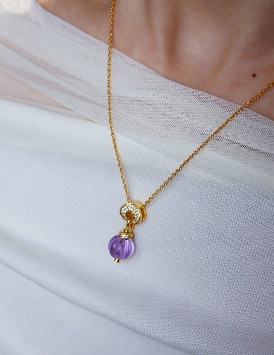 SV925 18K金メッキ×アメジスト×ジルコニアネックレス|気品あふれる輝きで運気も装いも格上げ