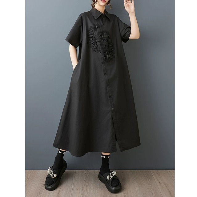 SOLID LACE PATCHED HALF SLEEVES A-LINE MIDI SHIRT DRESS 2colors M-13820