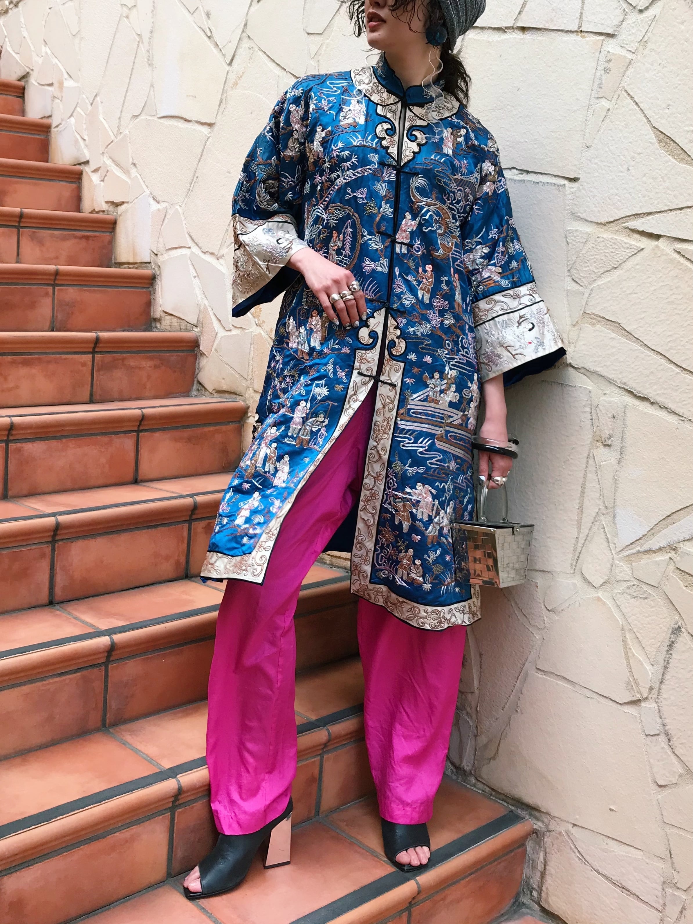 ☆special☆Vintage Chinese blue people embroidery silk jacket