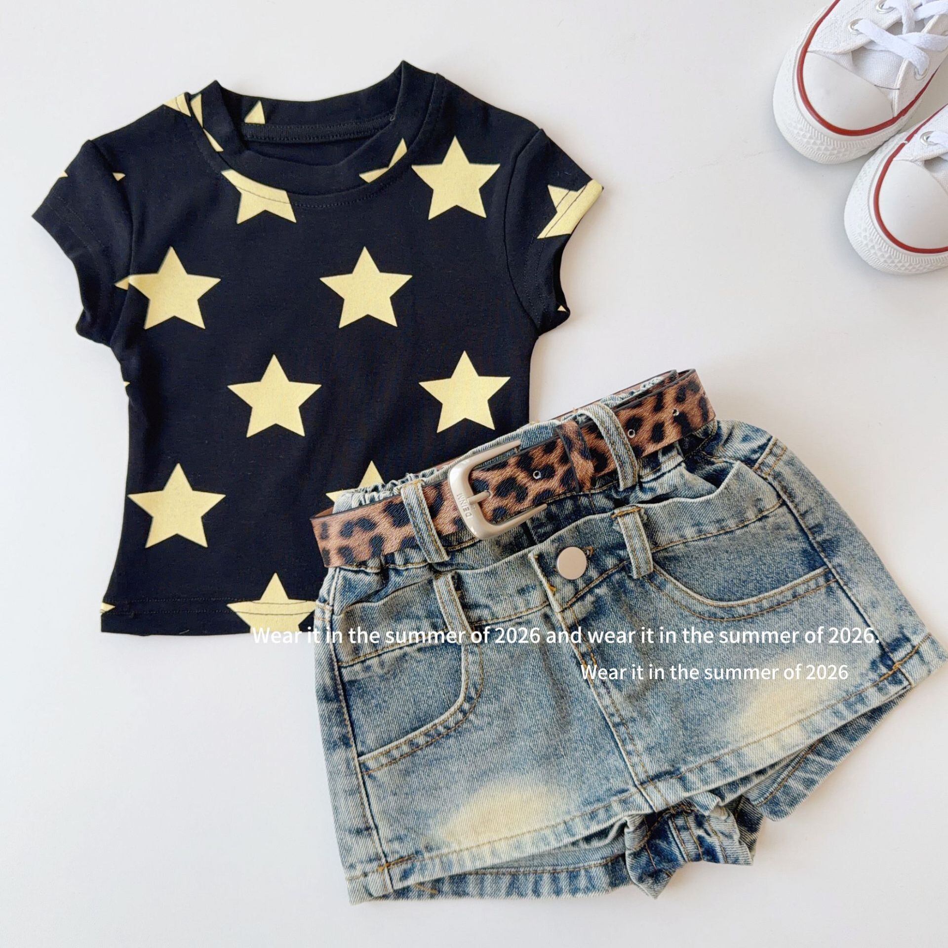 レオパードベルト付きデニムミニスカート