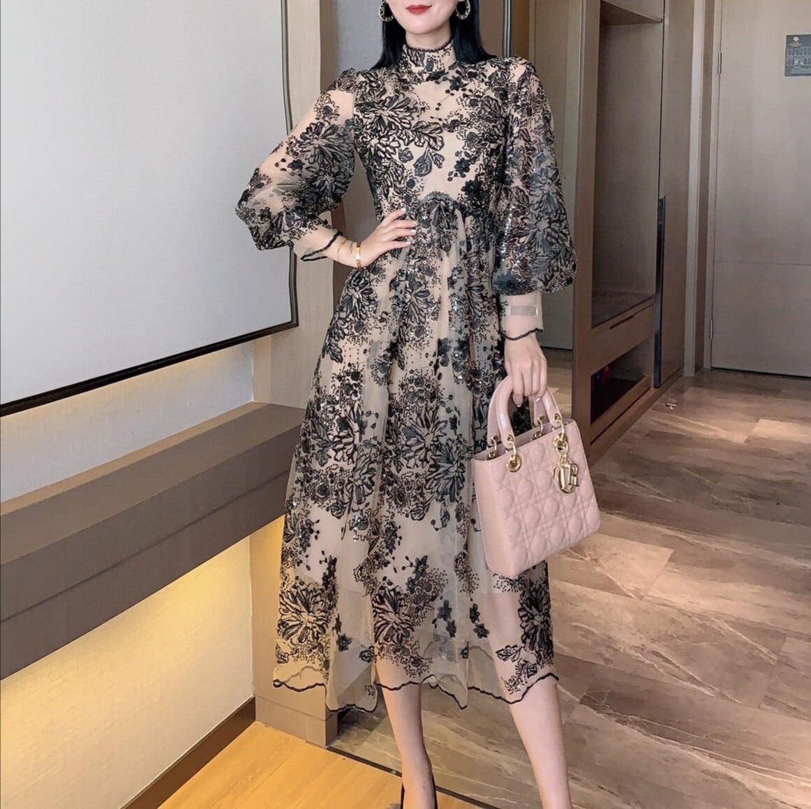 レース刺繍ブラックフラワーワンピース 1579 Lurila