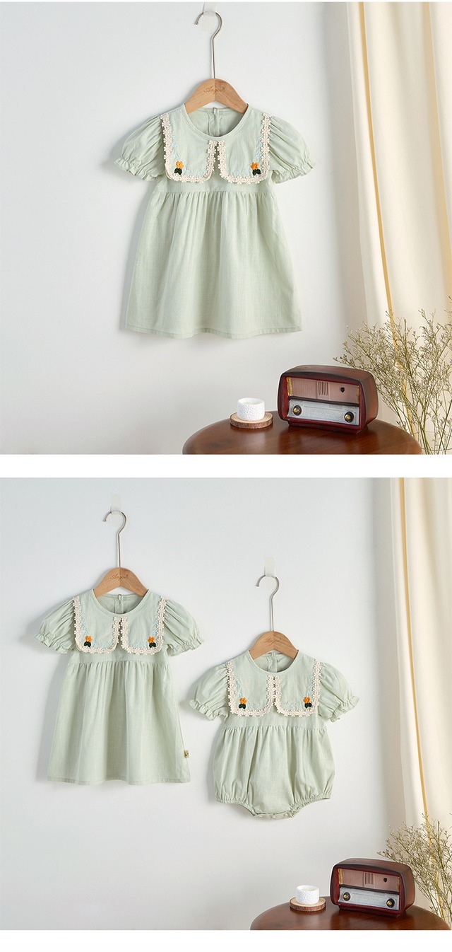 【姉妹服】グリーン小花柄刺繍襟ワンピース／ロンパース - 13