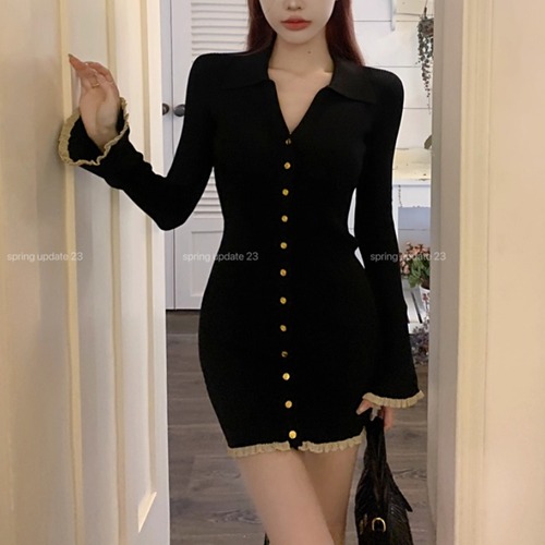 配色フリルスキッパーカラーニットワンピ ・73577