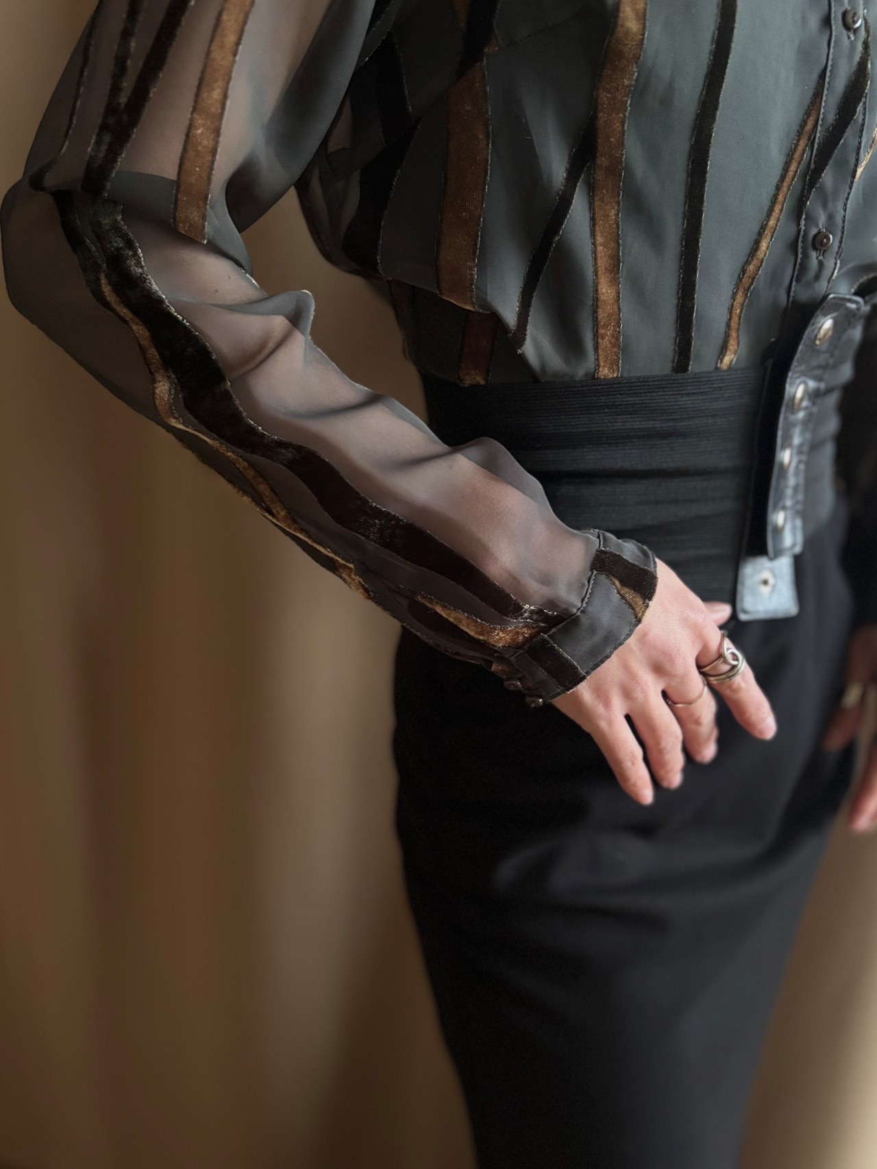 khaki color abstract sheer shirt-5166-2