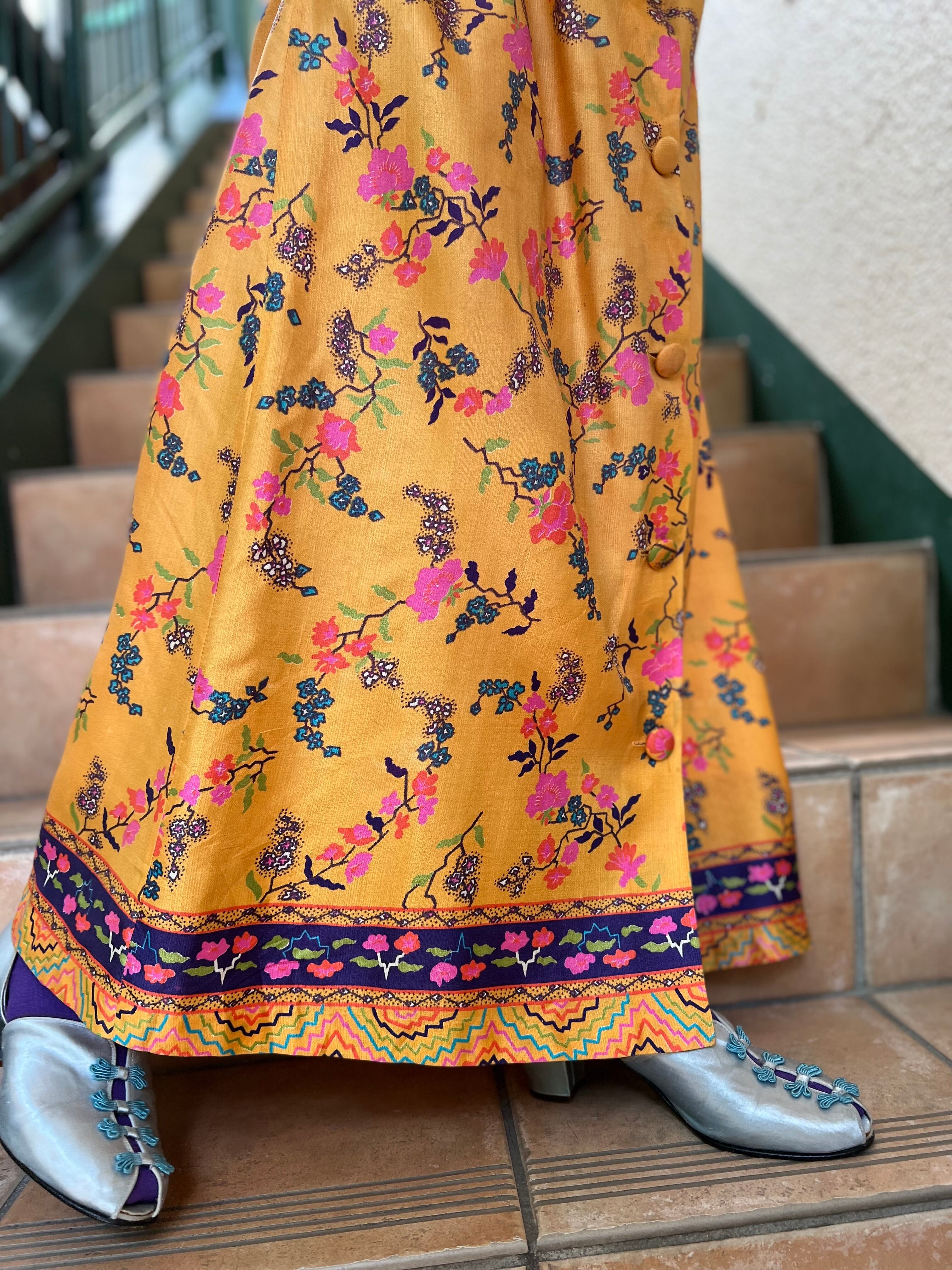 70s yellow × floral long skirt (ヴィンテージ イエロー × 花柄