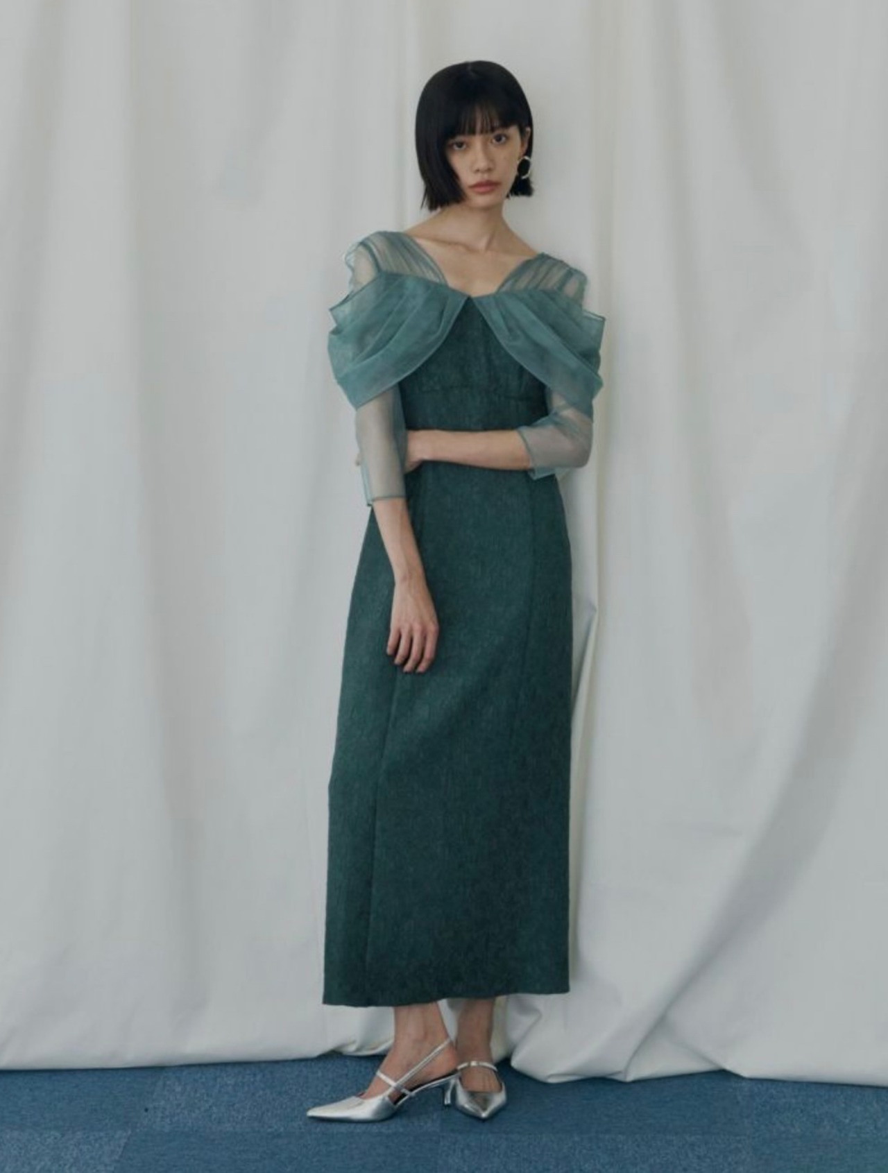 Tulle Drape Jacquard Dress / GREEN - 5