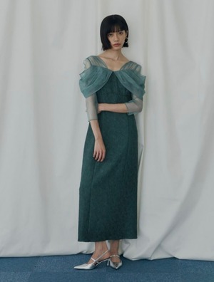 Tulle Drape Jacquard Dress / GREEN