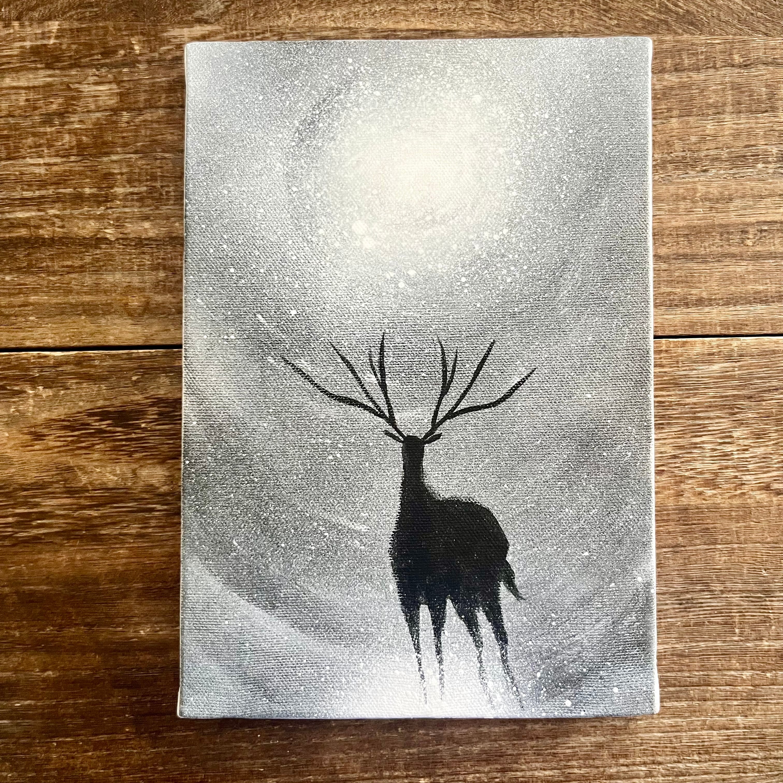 世界と自分」原画 夜×鹿×潜在意識 モノクロ 白黒 絵画 キャンバス 風景