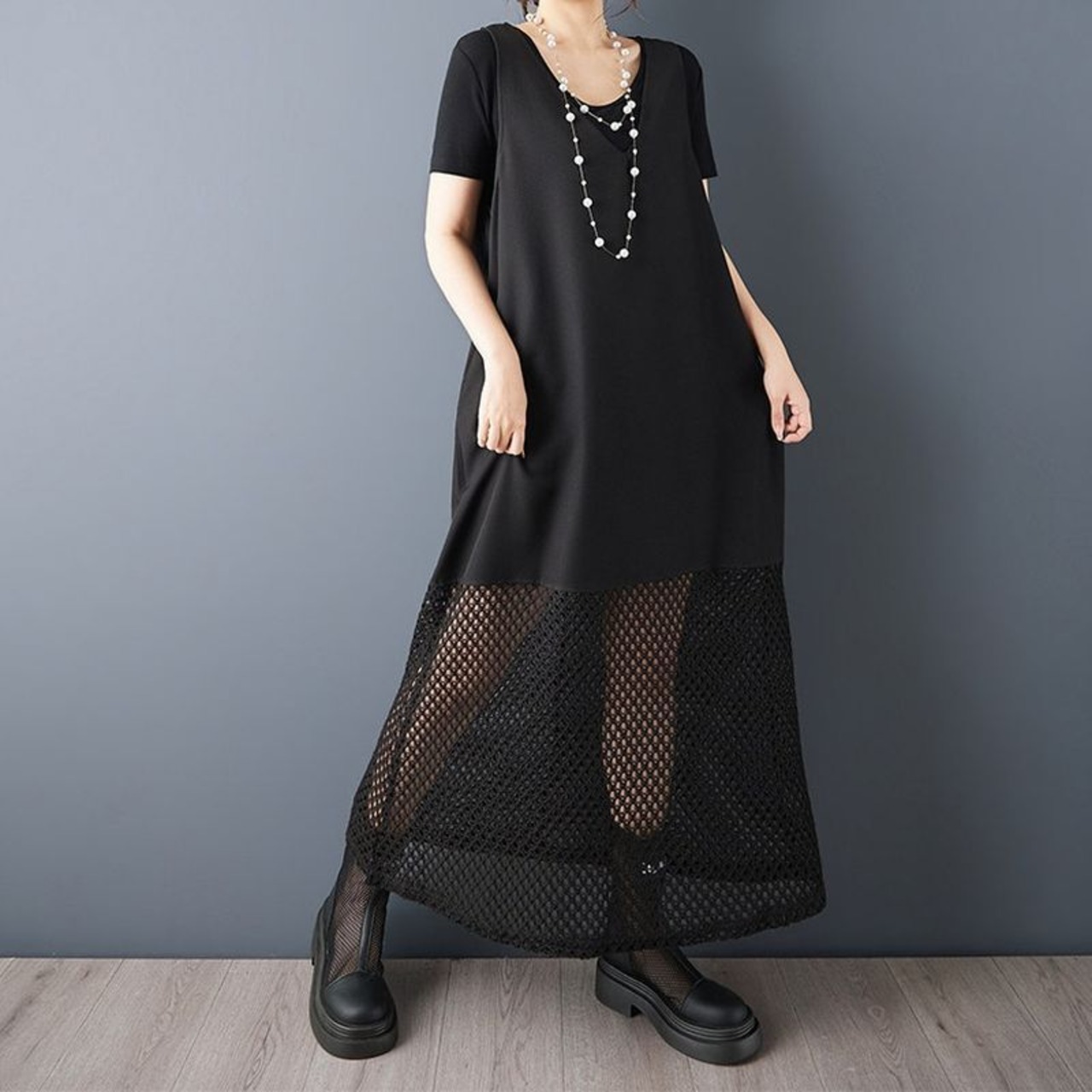 メッシュ切替 ノースリーブ ワンピース  30082