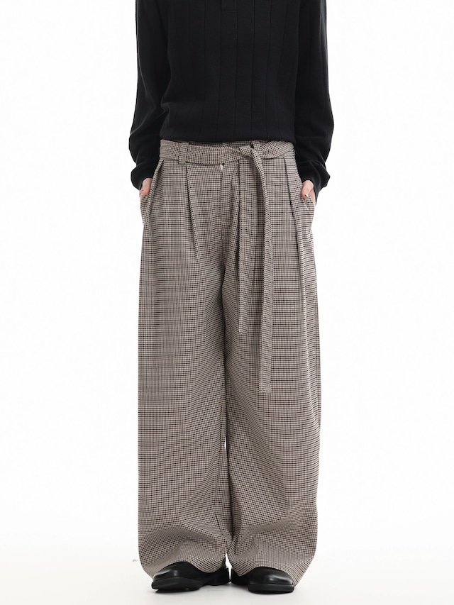 チェックワイドウエストタイパンツ / Check Wide Waist Tie Pants