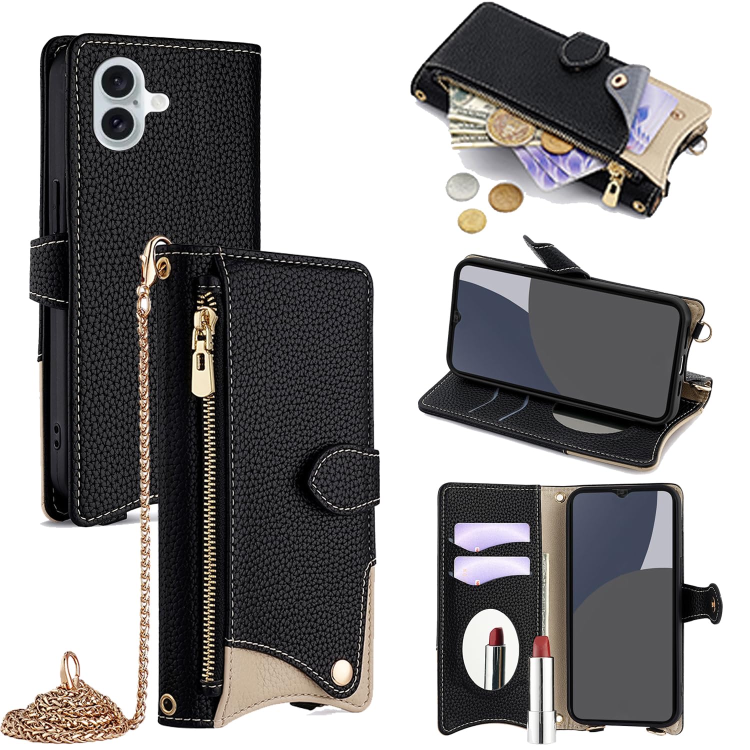 for iPhone 17 ケース 手帳型 ショルダー for iPhone 17 カバー 財布型 肩掛け 横+縦 2掛け方 斜めがけ 化粧鏡付き おしゃれ ジッパー小銭入れ カード収納 横置き ロングストラップ 耐汚れ PUレザー 防指紋 高耐久性 女性用 贈り物 COCOCLOUD ブラック