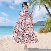 フラダンス 衣装 Nani HAWAII ワンピース ドレス レッド系 ワインレッド ツートンカラー 長袖 フリル 襟 総柄 かわいい 華やか 鮮やか 明るい 軽やか 赤 紫 赤紫 白 ハワイアン ハワイアンプリント フラ ダンス 練習 ホワイト系 パープル系