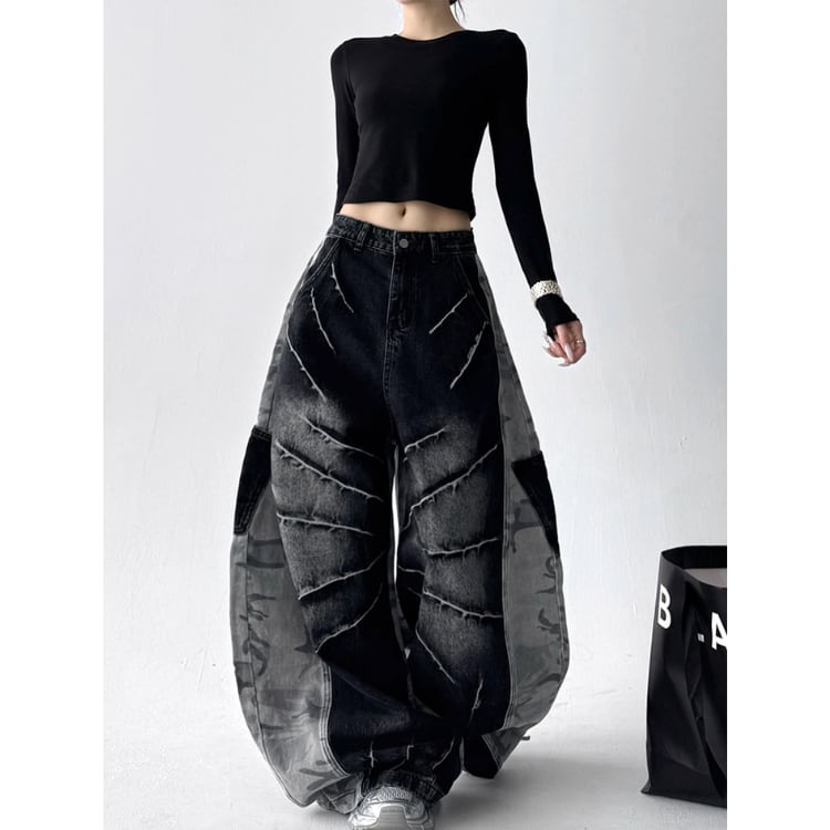 パッチワーク バルーン フルレングス デニムパンツ L00127