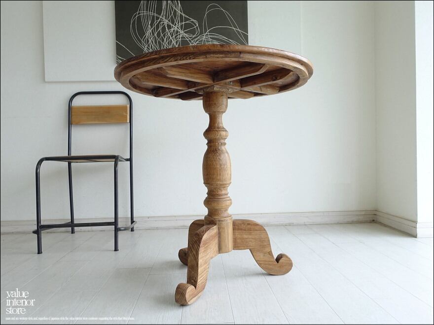 チーク無垢材 ヴィンテージコーヒーテーブルCircle/X アンティークテーブル 什器 無垢材家具 丸テーブル 表面再仕上済 再生家具 φ72㎝