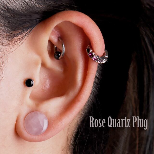 天然石ピアス 14mm 16mm ローズクォーツ 拡張ピアス ロブ 軟膏ピアス