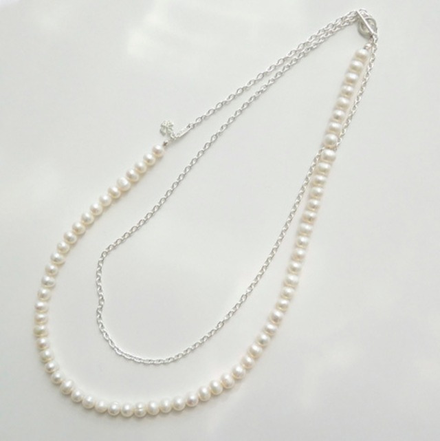 N_001　pearl +silver chain necklace