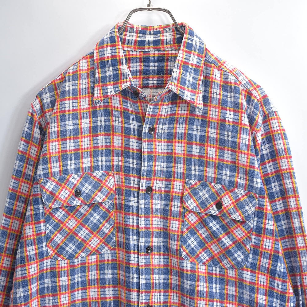 80~90s Print Check プリントネル フラップポケット チェック柄 フランネルシャツ ワーク アメカジ マルチカラー ヴィンテージ ビンテージ 古着 メンズS相当