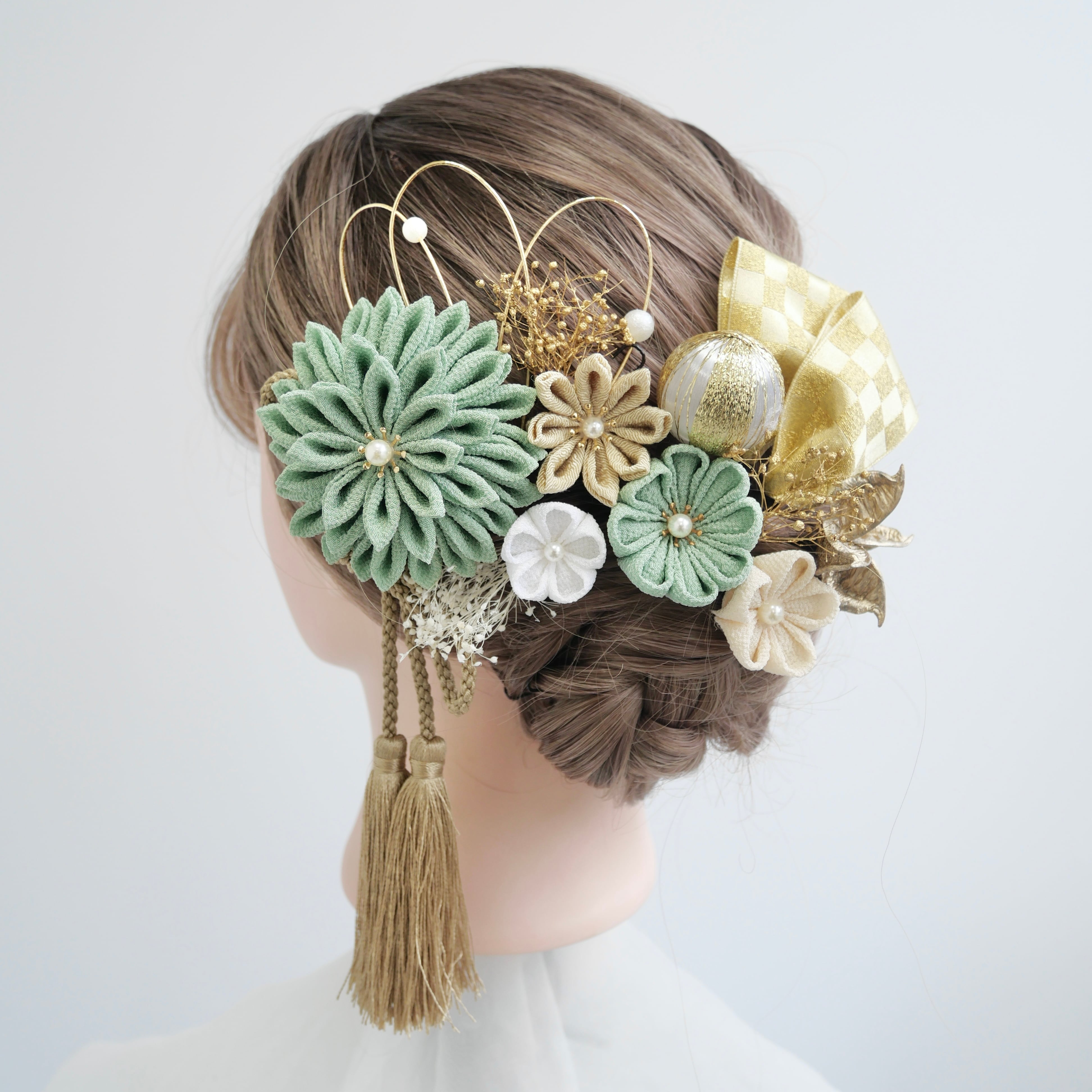 A443 緑 つまみ細工とドライフラワーの髪飾り | 2/27まで毎日発送