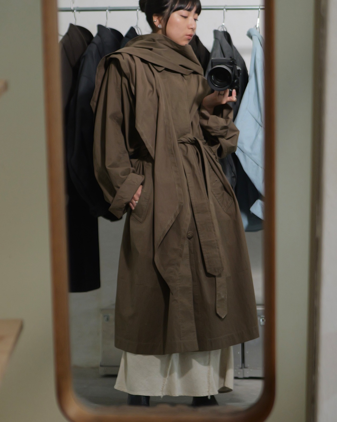 予約販売 | i’m here : - HAOLI TRENCH COAT ：Khaki｜フード型ストール／2WAYトレンチ／和洋折衷の羽織
