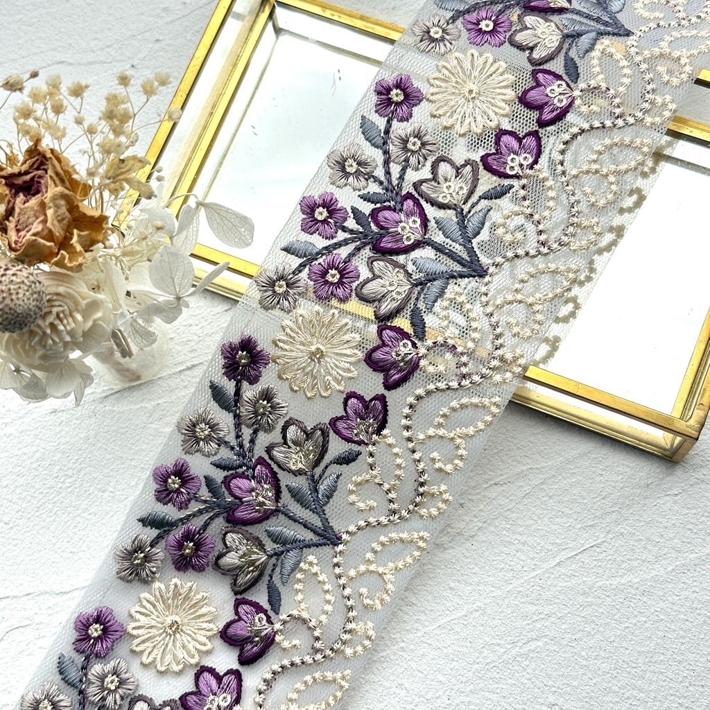 フローラルブーケ [パープル］インド刺繍リボン 1608 | インド刺繍