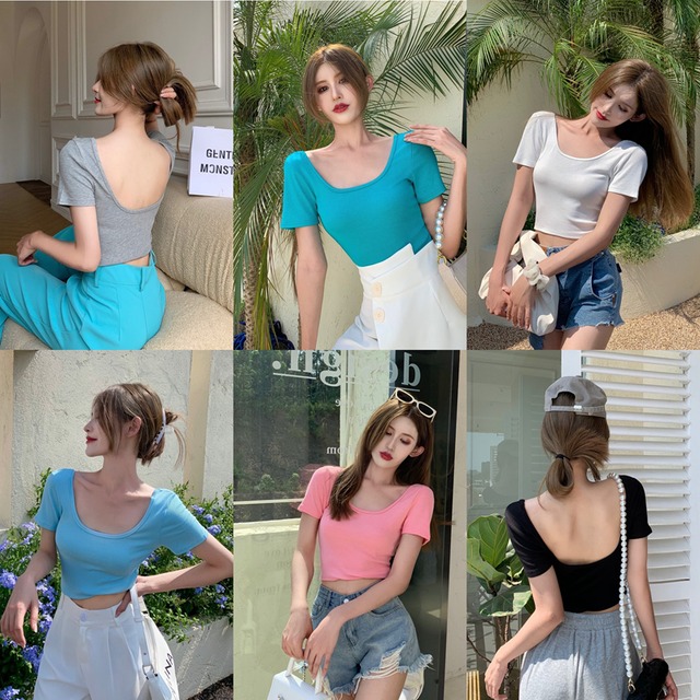 Tシャツ サマーショートスリムホルターブルートップス 夏物 ブラックストロベリース98416883891