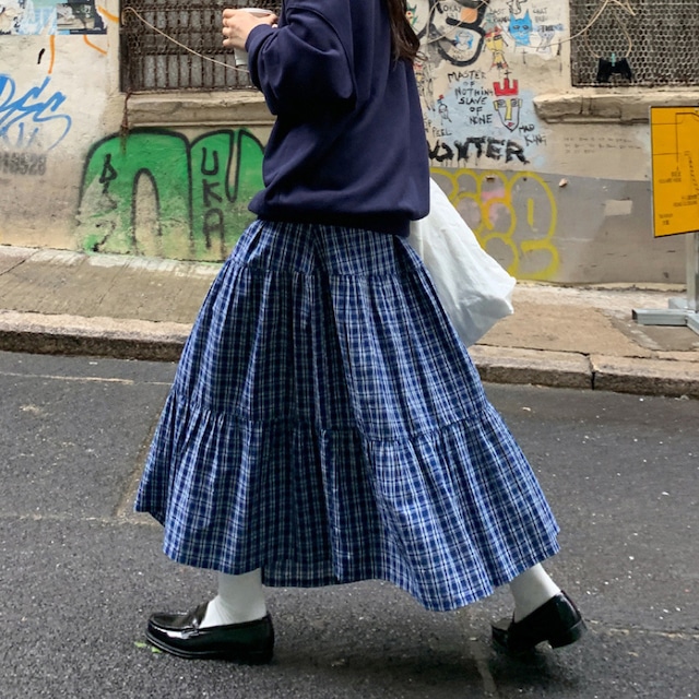 check pattern tiered long skirt J00084