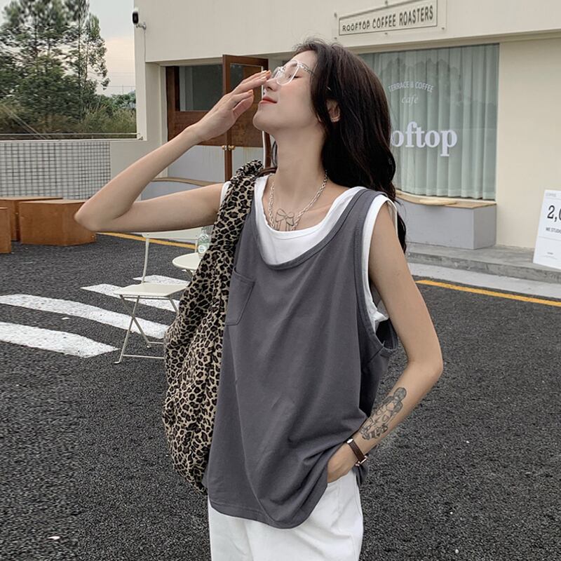 ノースリーブTシャツ ルーズレッドトップス ストリート 試着室36329193857